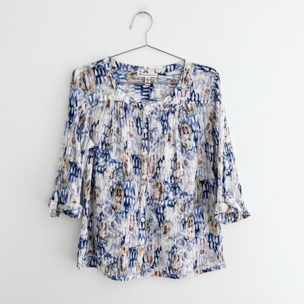 JM Collection Button Down Pleated Scoop Neck Printed Blouse Size 12 Petite
